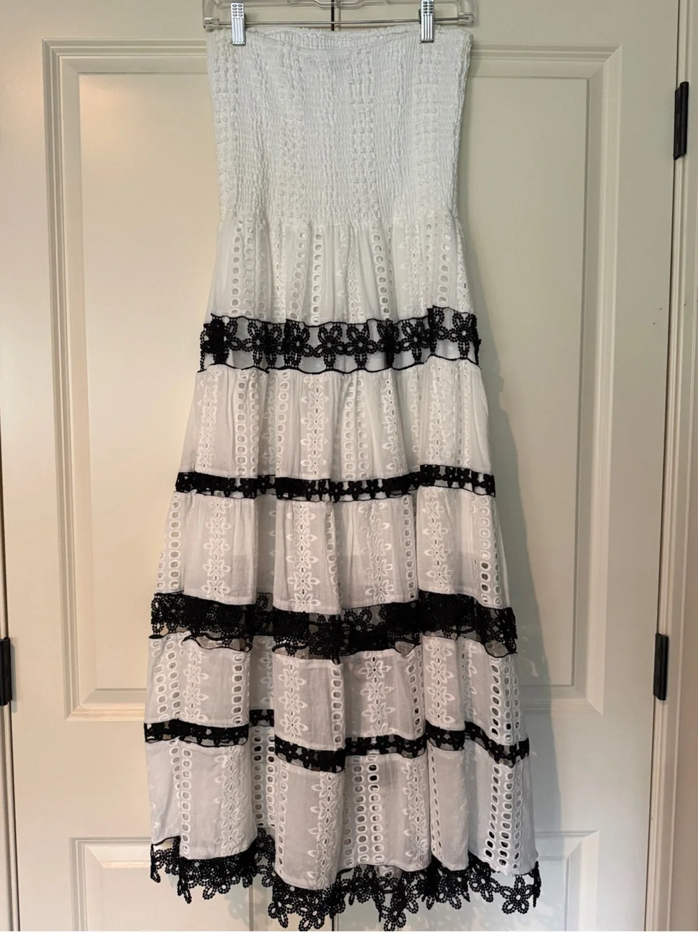 Strapless White Eyelet Maxi Dress with Black Lace Trim - Picture 2 of 3